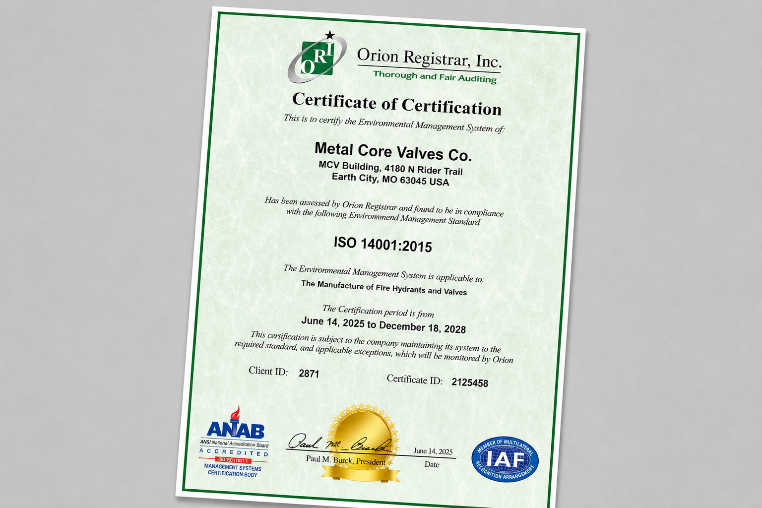 Metal Core Valves Co. ISO 14001 certificate