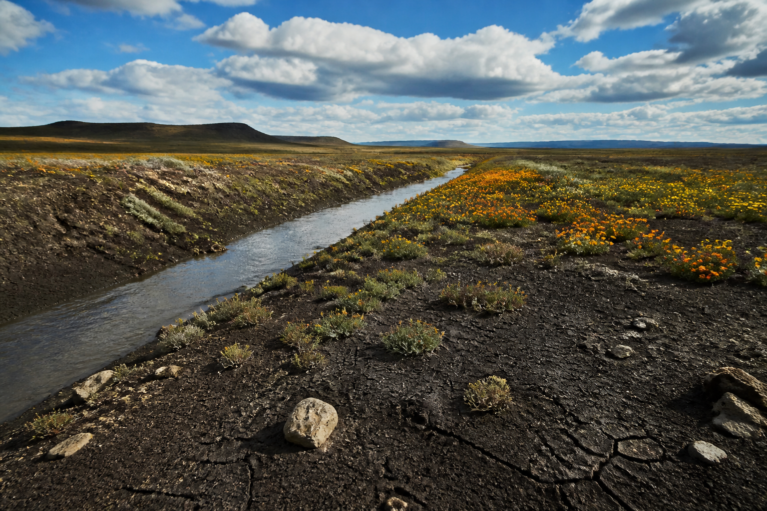 Dry field after rain, a thin stream and wildflowers