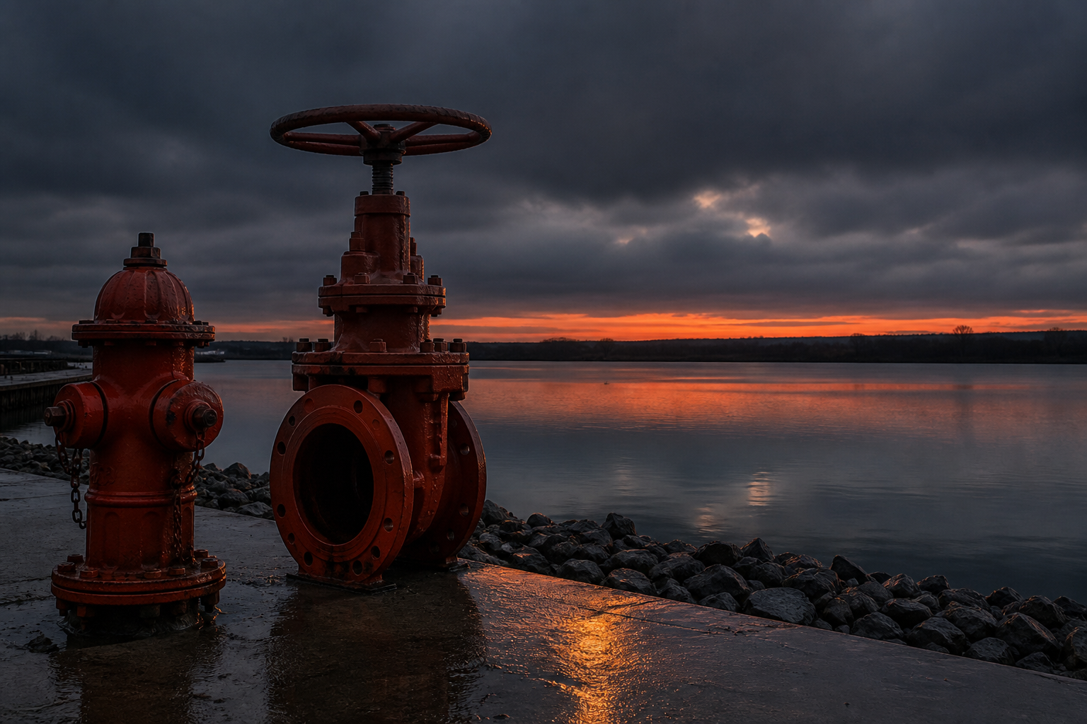 Hydrant and gate valve at a municipal reservoir at dusk