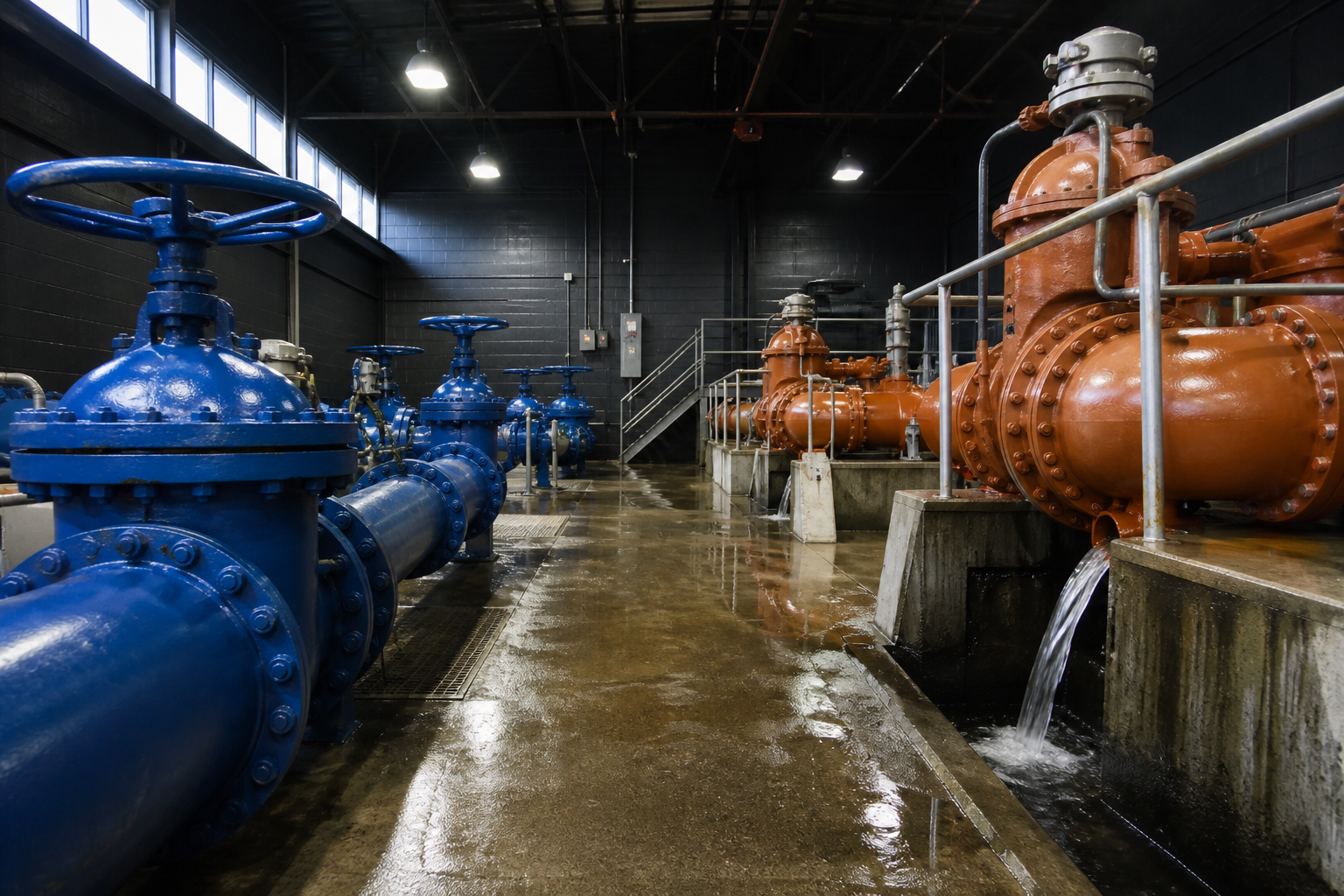 Municipal valves and clear water in a pump station