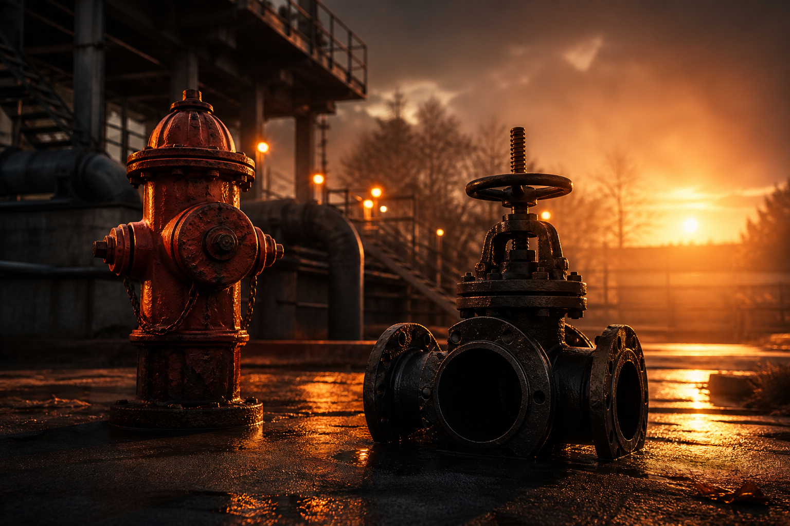 Municipal hydrant and valve line at dusk