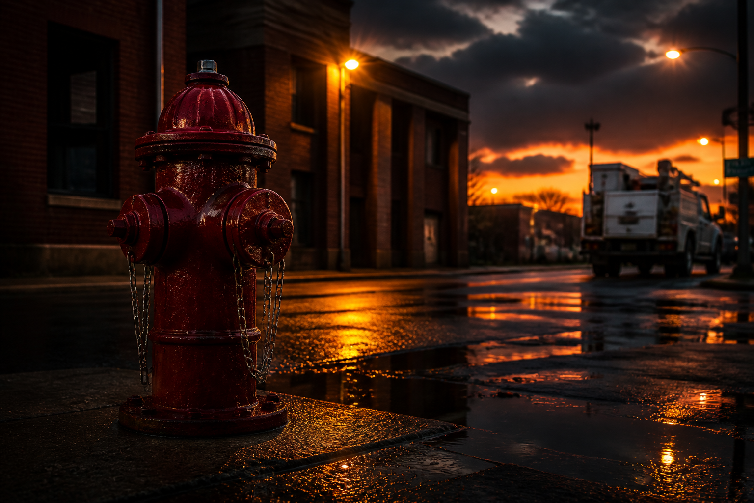 Municipal fire hydrant on a wet street at dusk
